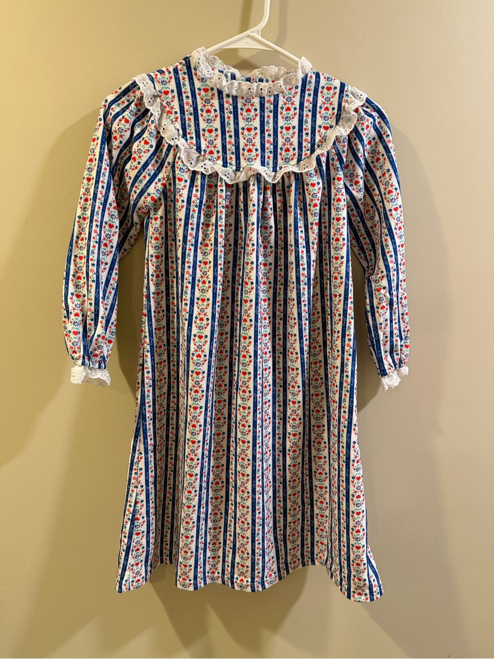 Girls Fleece Nightgown with Blue Stripe and Red Floral Print
